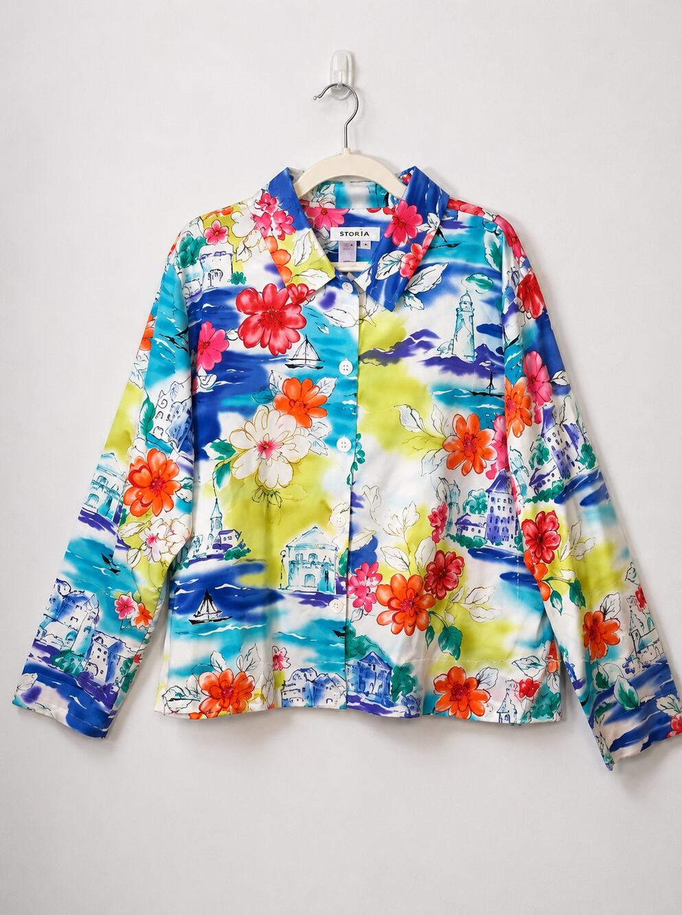 Coldwater Creek Cotton Coastal Floral Button Up Shirt Lighthouse Print XL